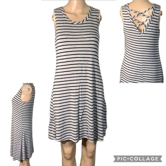 Olivia Rae Womens Sundress Striped Casual Sleeveless Black and Gray Medium - Picture 1 of 8